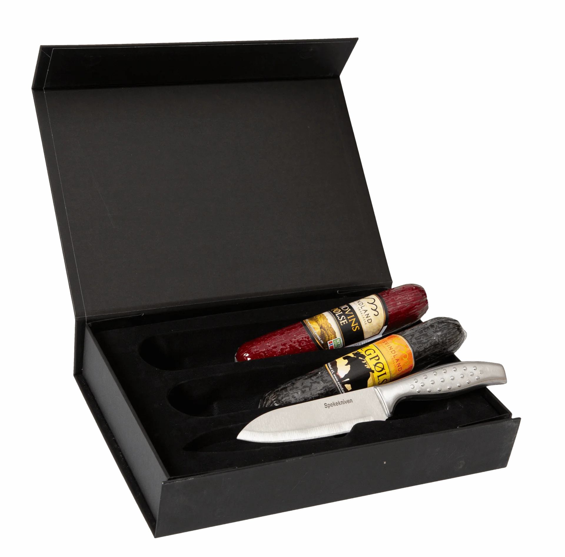 Spekepølser med kniv i gaveeske