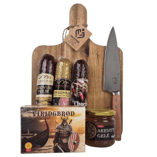 Tre spekepølser, akevittgele og flatbrød pluss